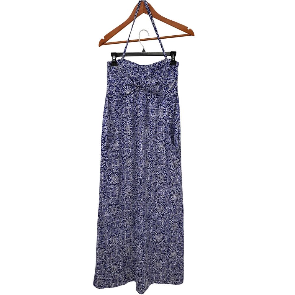 GARNET HILL Blue Pattern Halter Sweetheart Maxi Dress // S
